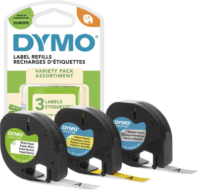 Pack de démarrage d'étiquettes letratag Dymo original avec étiquettes en papier, plastique et métalliques | 12 mm x 4 m en rouleau | autocollant | 3 rouleaux | pour imprimantes d'étiquettes letratag