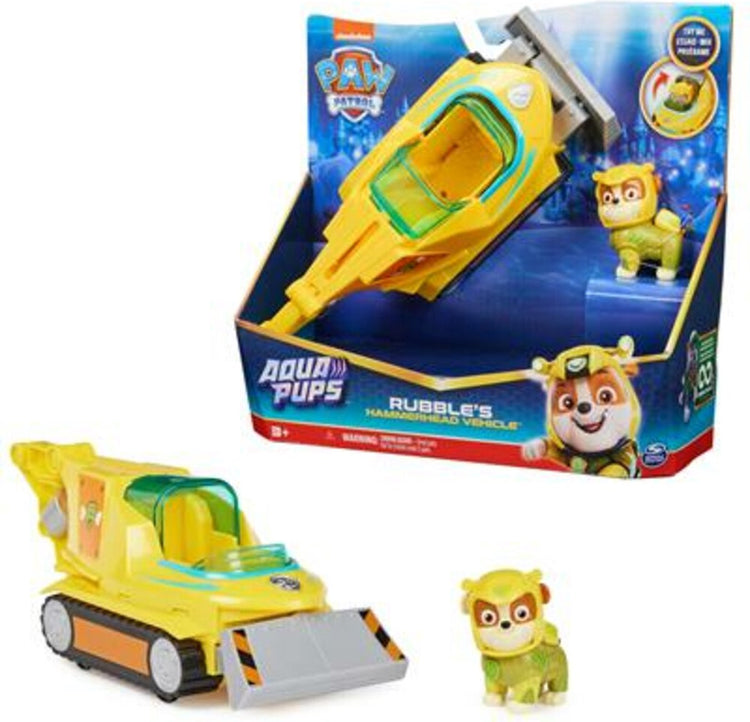 Paw Patrol Aqua Pups – Véhicule transformable en requin marteau avec figurine de jeu de décombres