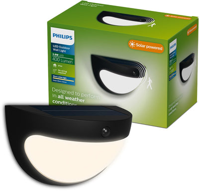 Philips LED Applique solaire Philips Swyn - énergie solaire - lumière blanche chaude : 2700k - noir - deux modes d'éclairage - capteur crépusculaire - détecteur de mouvement - IP44 : résistant aux intempéries - éclairage extérieur solaire