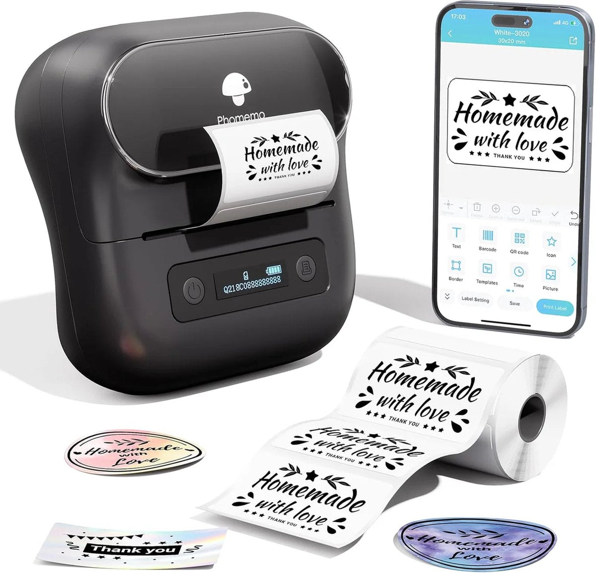 Phomemo m220 - imprimante d'étiquettes portable - imprimante d'étiquettes thermique sans fil - avec application - étiquettes incluses - bluetooth - noir