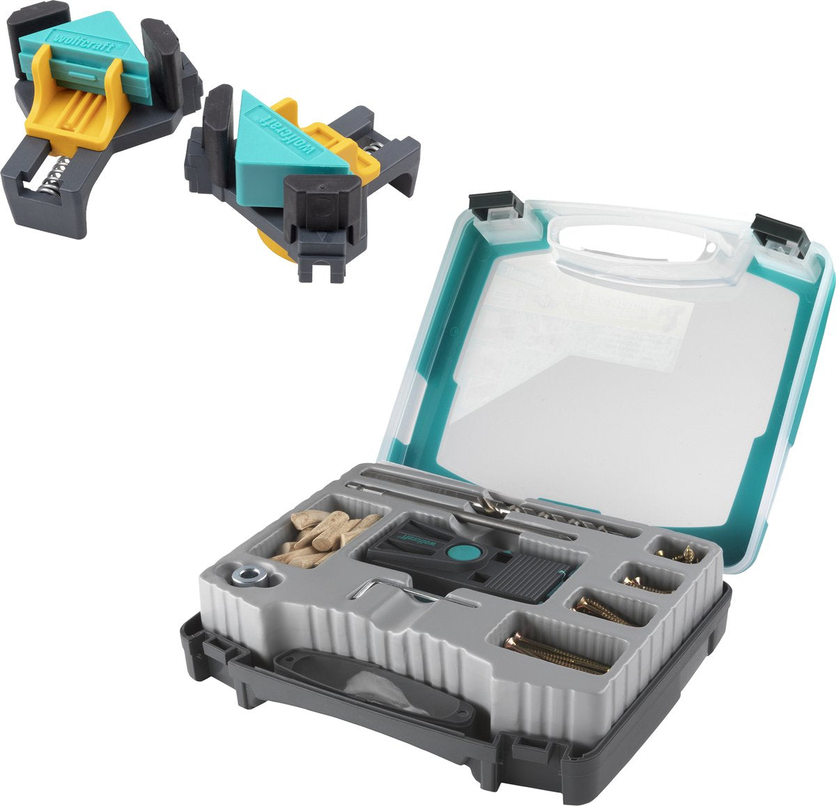 Wolfcraft - gabarit de trou de poche - pinces d'angle 2 pièces - gabarit de perçage - vis incluses - perçage angulaire - pince d'angle - 8629000