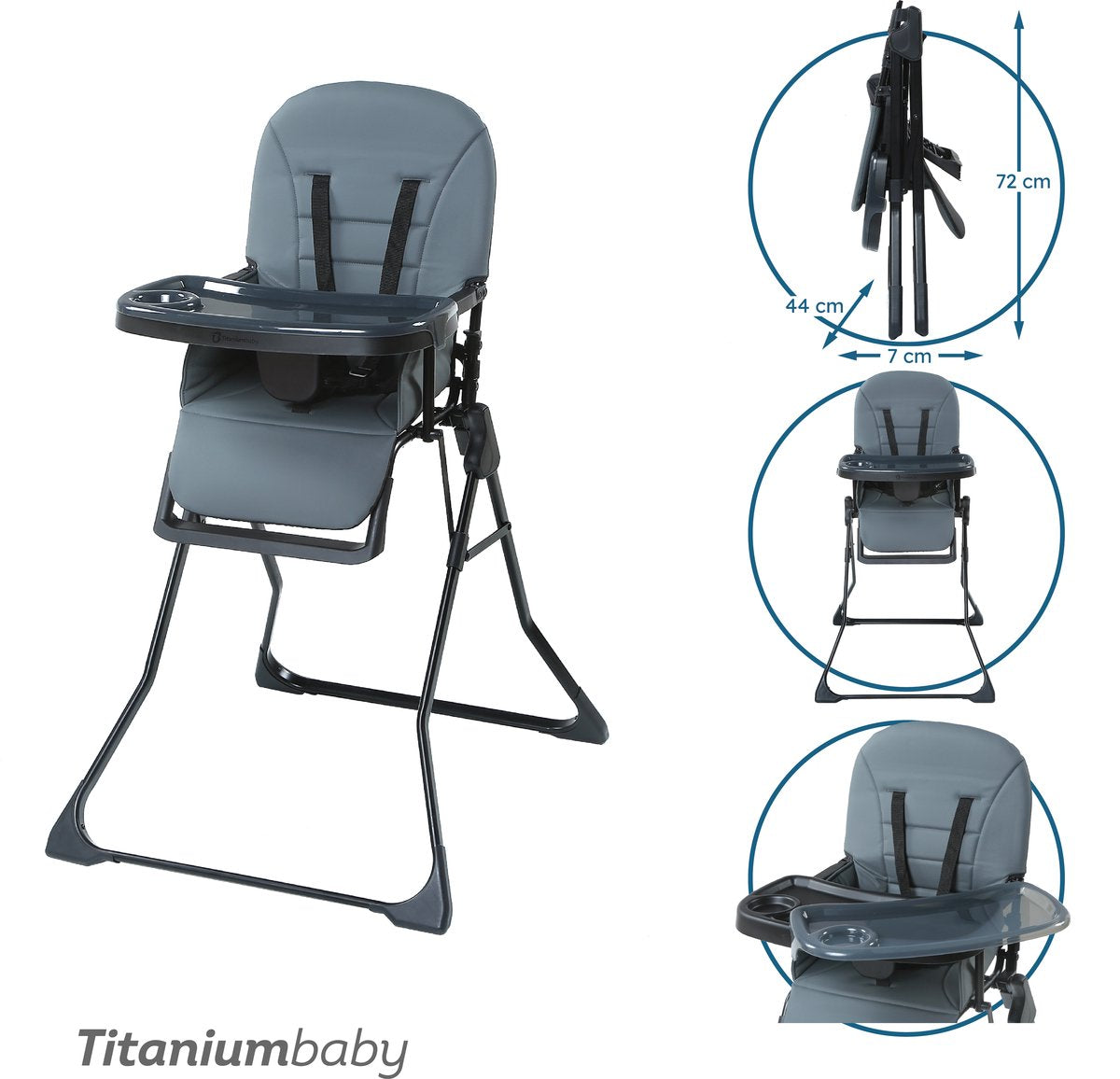Titanium baby Chaise haute pour bébé en titane bistro gris anthracite revêtement facile à nettoyer plateau à manger extra amovible plateau à manger réglable design pliable compact