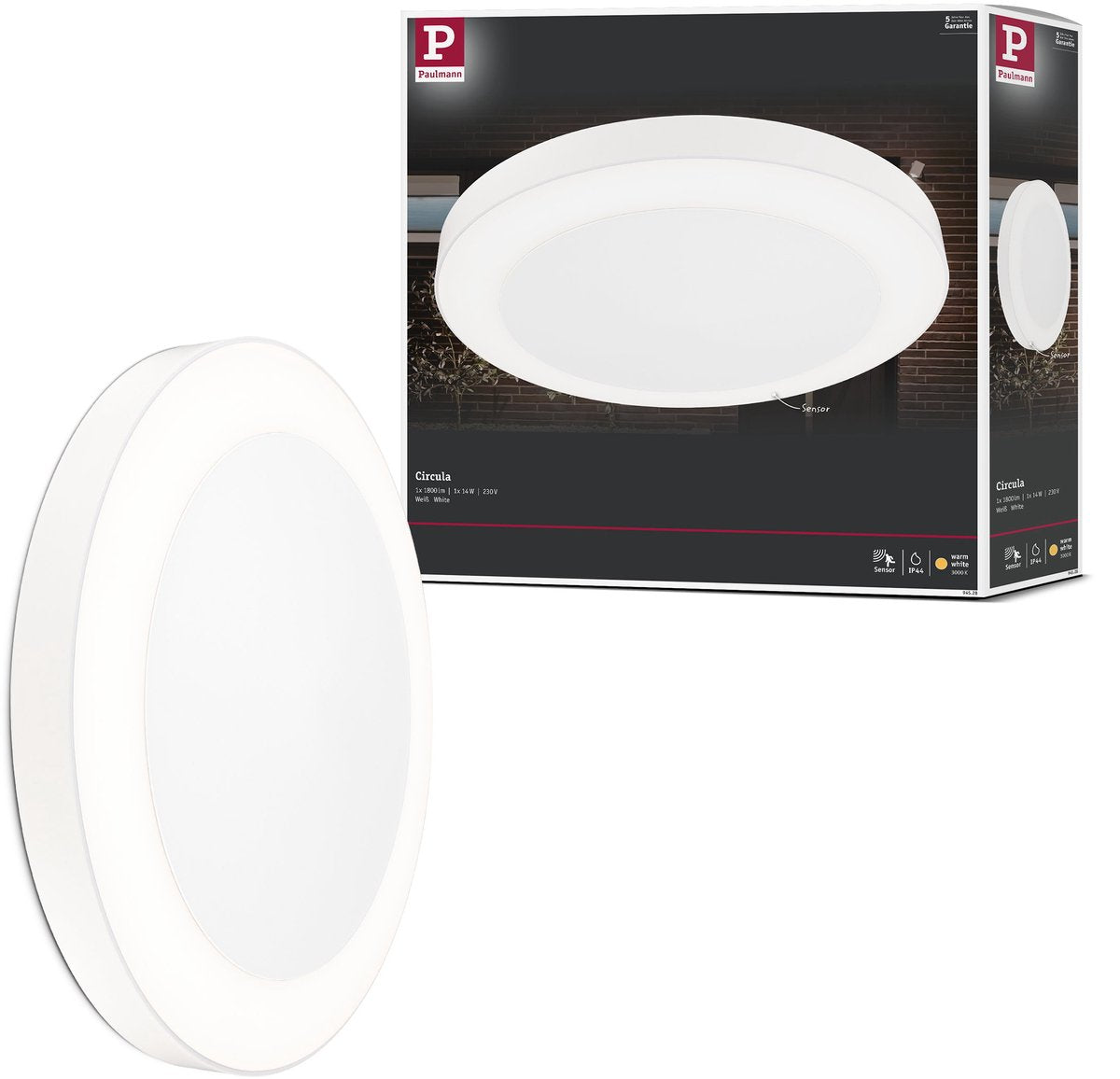 Paulmann plafonnier LED Circula détecteur crépusculaire détecteur de mouvement (IR) résistant à l'eau de mer IP44 rond 320 mm 3000K 14W 880LM 230V plastique blanc