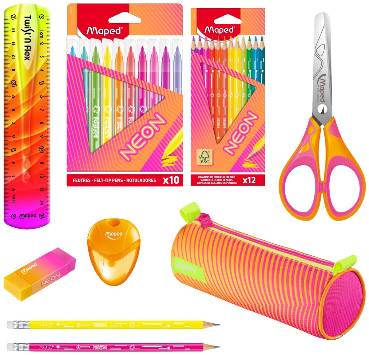 Maped office maped neon xl bundle – set de dessin complet avec trousse, crayons, feutres et ciseaux