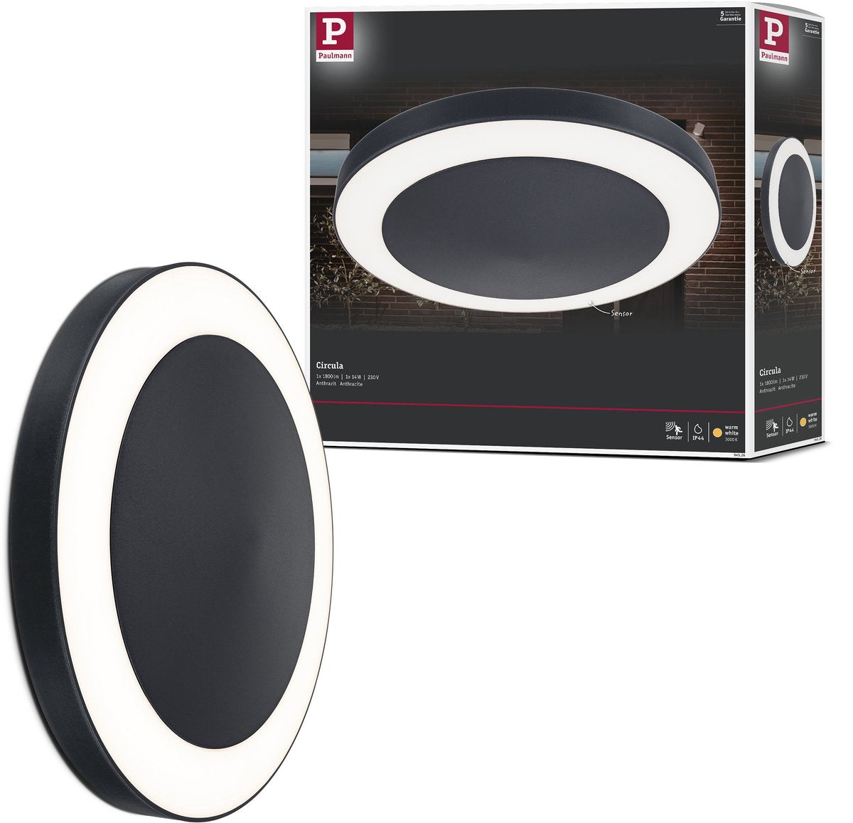 Paulmann Plafonnier LED circula capteur crépusculaire détecteur de mouvement crépusculaire (IR) résistant à l'eau de mer IP44 rond 320 mm 3000K 14W 880lm 230V plastique anthracite