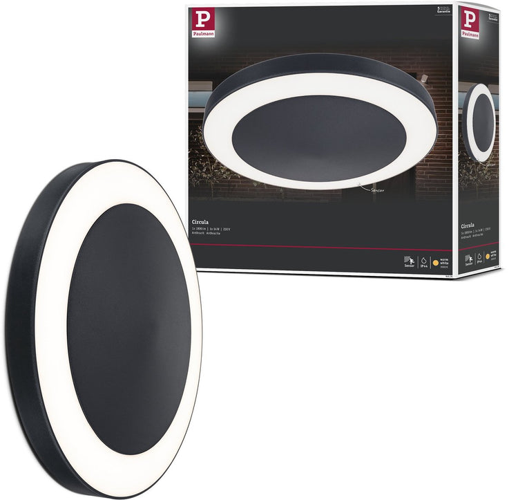 Paulmann Plafonnier LED circula capteur crépusculaire détecteur de mouvement crépusculaire (IR) résistant à l'eau de mer IP44 rond 320 mm 3000K 14W 880lm 230V plastique anthracite