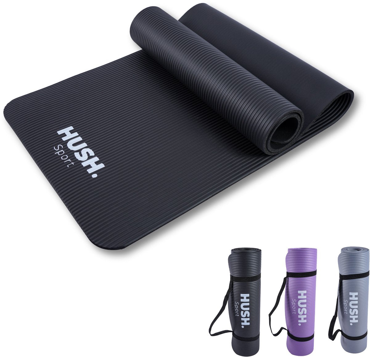 Hush sport - tapis de yoga 180 x 60 cm - rembourrage NBR de 8 mm d'épaisseur - pour le yoga, le pilates fitness - avec sangle de transport pratique - léger et enroulable - noir