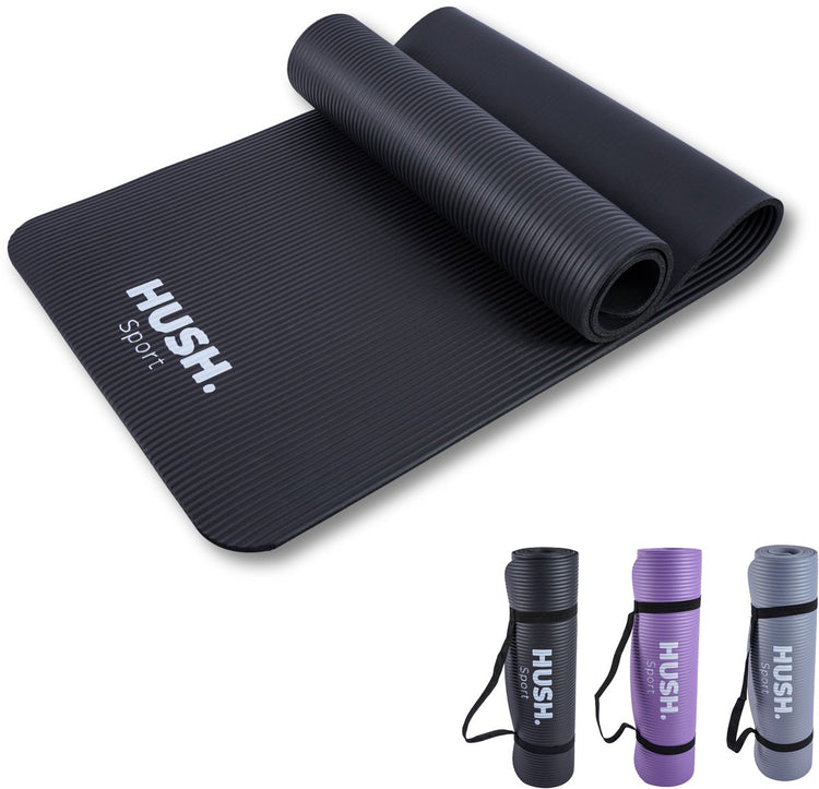 Hush sport - tapis de yoga 180 x 60 cm - rembourrage NBR de 8 mm d'épaisseur - pour le yoga, le pilates fitness - avec sangle de transport pratique - léger et enroulable - noir