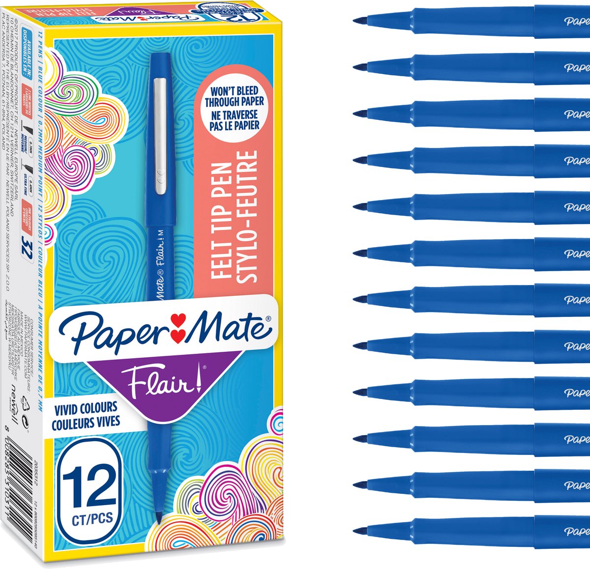Feutres Paper Mate Flair | pointe moyenne (0,7 mm) | encre bleue | 36 pièces
