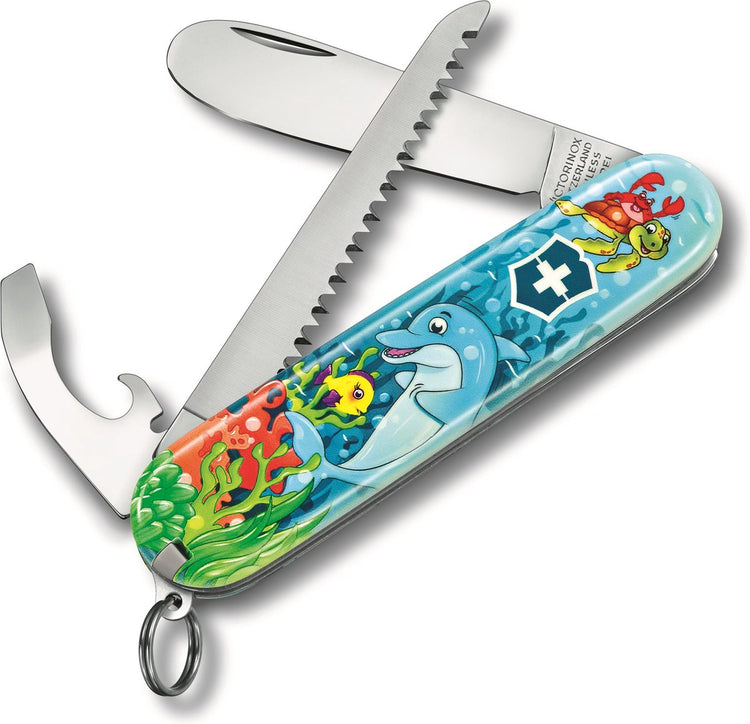 Victorinox mon premier couteau de poche junior - édition dauphin - 9 fonctions - avec tour de cou et livre de coloriage
