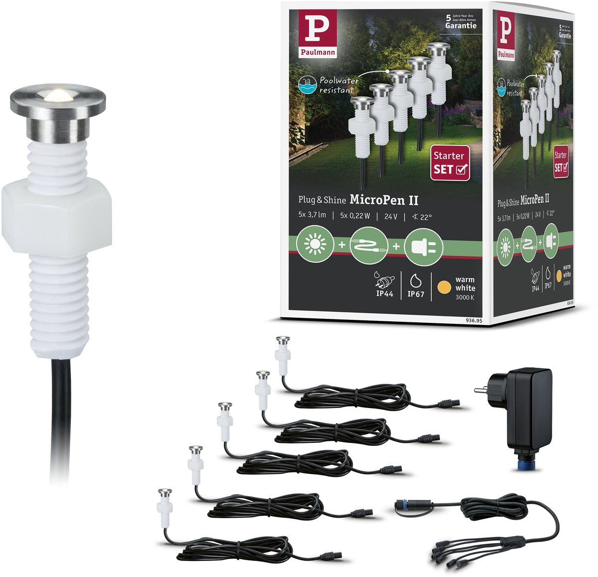 Paulmann Plug Shine LED Lampe encastrable au sol Micropen II Kit de base IP67 3000K 5x0,2W 21VA Argent