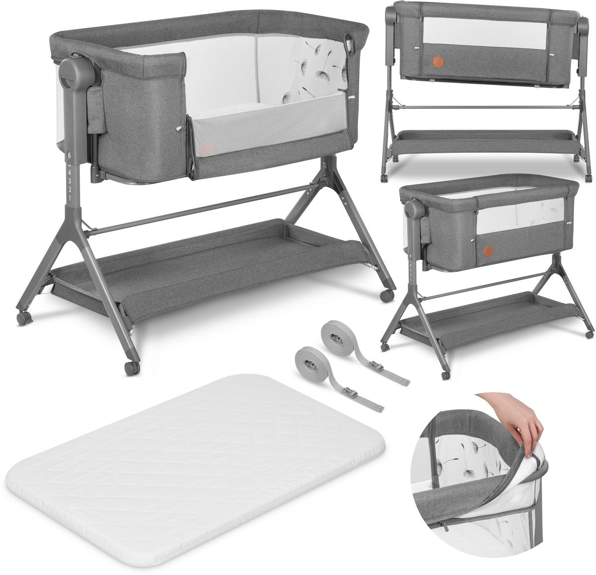 Lionelo Leonie Plus - lit bébé et lit bébé cododo 3 en 1 - lit bébé jusqu'à 9 kg - réglage en hauteur sur 6 niveaux - fonction bascule - matelas T25 - panier de rangement - roulettes - housses amovibles