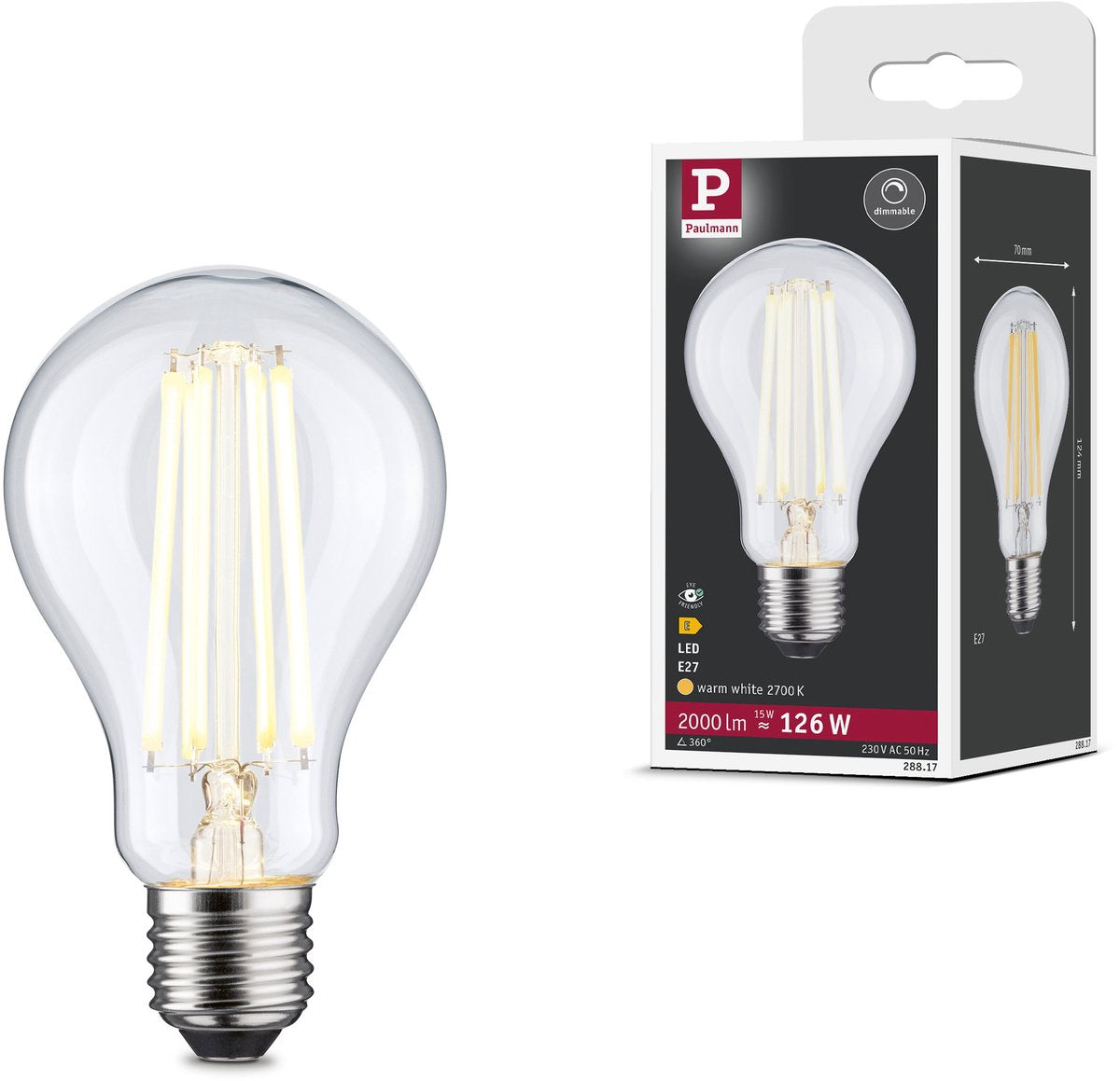 Ampoule LED à filament Paulmann 230 v e27 2000lm 15w 2700k dimmable transparente