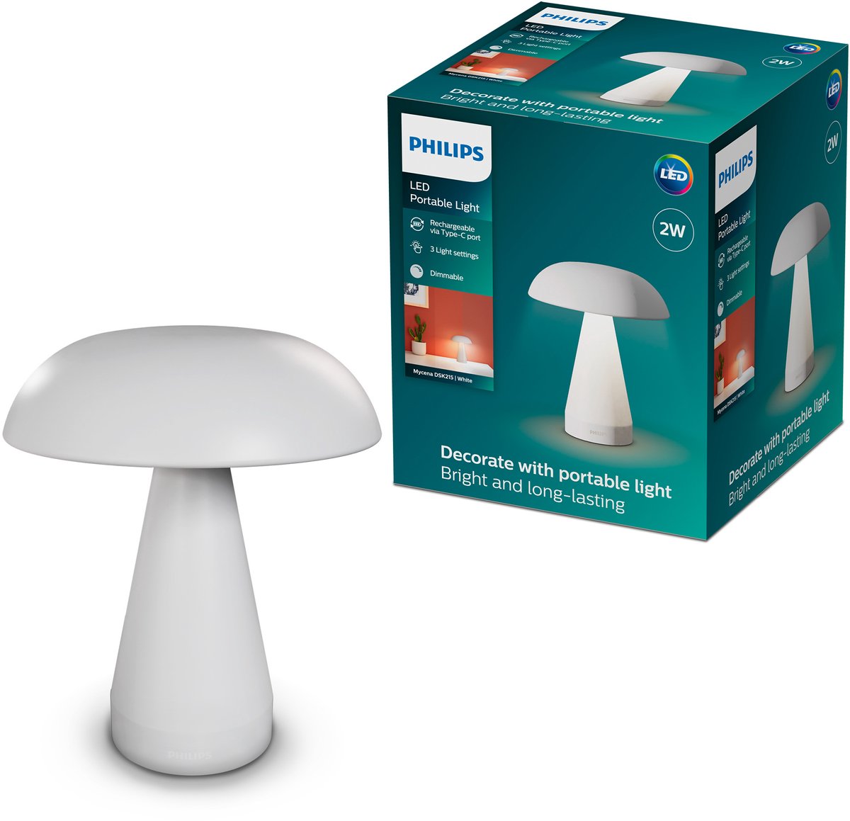 Lampe de table Philips mycena - température de couleur réglable - dimmable - portable - rechargeable via USB-C - blanc - 2w