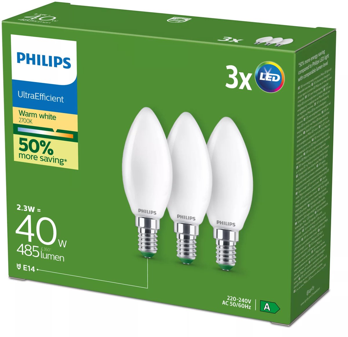 Lampe bougie à filament Philips mate 40w b35 e14 x3