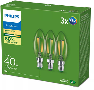 Philips LED Lampe LED ultra-efficace Philips transparente - 40w - culot E14 - lumière blanc chaud ; 2700k - ultra efficace : classe énergétique a - pack de 3