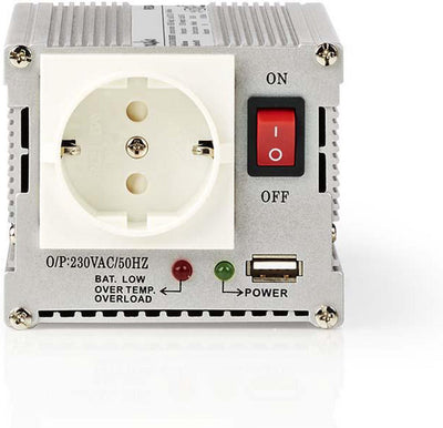 Onduleur Nedis à onde sinusoïdale modifiée - tension d'entrée : 24 V DC - courant de sortie de l'appareil : type F (CEE 7 3) USB-A - 230 V AC 50 Hz - 300 W - puissance de crête : 600 W - pinces de batterie + briquet - argent