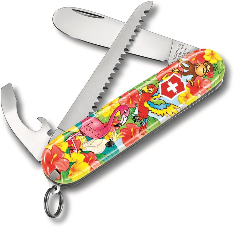 Victorinox mon premier couteau de poche junior - édition perroquet - 9 fonctions - avec tour de cou et livre de coloriage