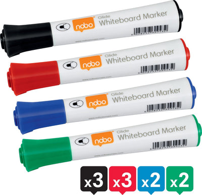 Marqueurs pour tableau blanc Nobo Glide - marqueurs pour tableau blanc à pointe ronde, paquet de 10 - couleurs assorties