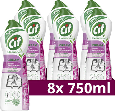 Cif - abrasif cleanboost - fleur rose crème - avec ingrédients 100% naturels, 1 produit pour 101 surfaces - 8 flacons x 750 ml