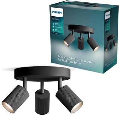 Spot en saillie Philips Wyatt - culot LED Gu10 - orientable - 3 points lumineux - plaque de base ronde - clickfix - noir