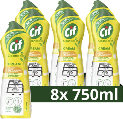 Cif - abrasif cleanboost - crème citron - ingrédients 100% naturels, 1 produit pour 101 surfaces - 8 flacons x 750 ml