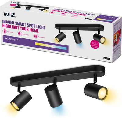 Plafonnier Wiz imageo - spot en saillie - 3 spots - lumière blanc chaud à froid - éclairage LED intelligent - raccord gu10 - 3x 5w - noir - wi-fi