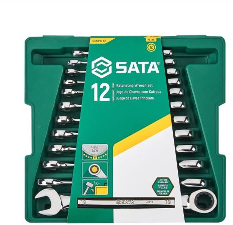 Sata ST09040-02 - Jeu de 12 clés polygonales à cliquet - 8-19 mm - garantie à vie