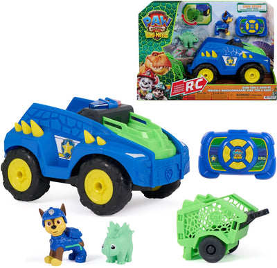 Paw Patrol : The Dino Movie, Dino Tow Dash RC, véhicule télécommandé facile avec figurines Chase et Stegosaurus