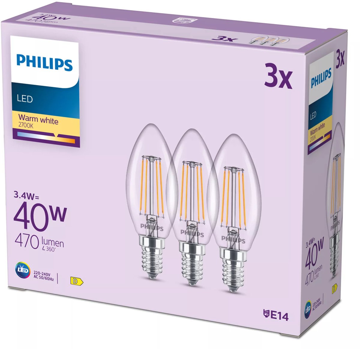 Lampe bougie à filament Philips transparente 40w b35 e14 x3