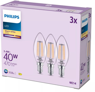Lampe bougie à filament Philips transparente 40w b35 e14 x3