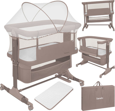 Lit bébé Lionelo Jodie 3en1 - lit d'appoint, lit autoportant, lit à bascule - cododo - 6 positions en hauteur - matelas T25 - côté rabattable - avec panier moustiquaire