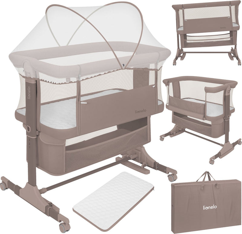 Lit bébé Lionelo Jodie 3en1 - lit d'appoint, lit autoportant, lit à bascule - cododo - 6 positions en hauteur - matelas T25 - côté rabattable - avec panier moustiquaire