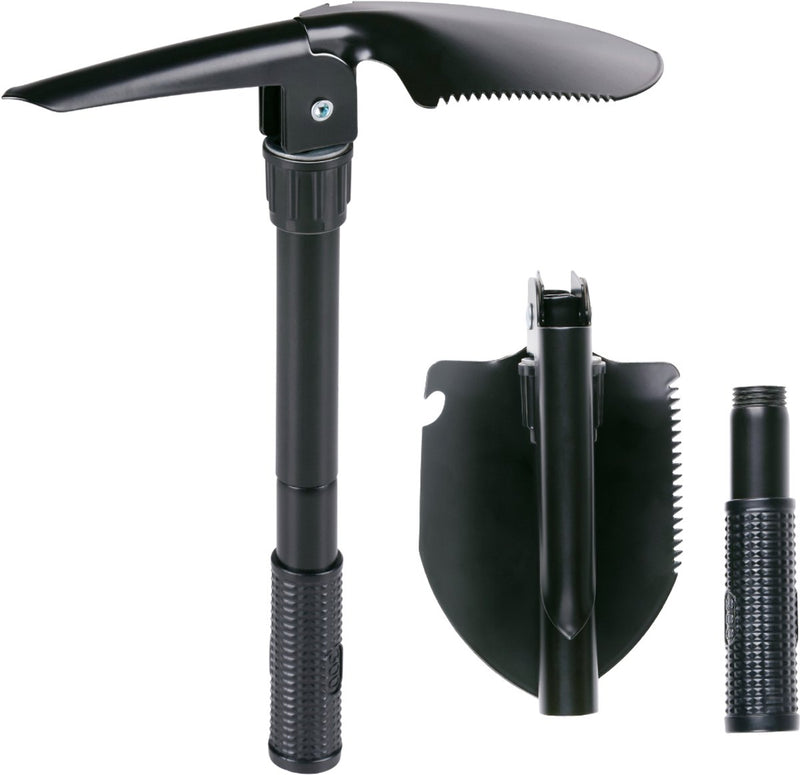 Pelle Camp active 4 en 1 - pelle pliante avec pioche et scie - pelle multi-outils pour le camping et la survie - pelle tactique avec ouvre-bouteille - noir