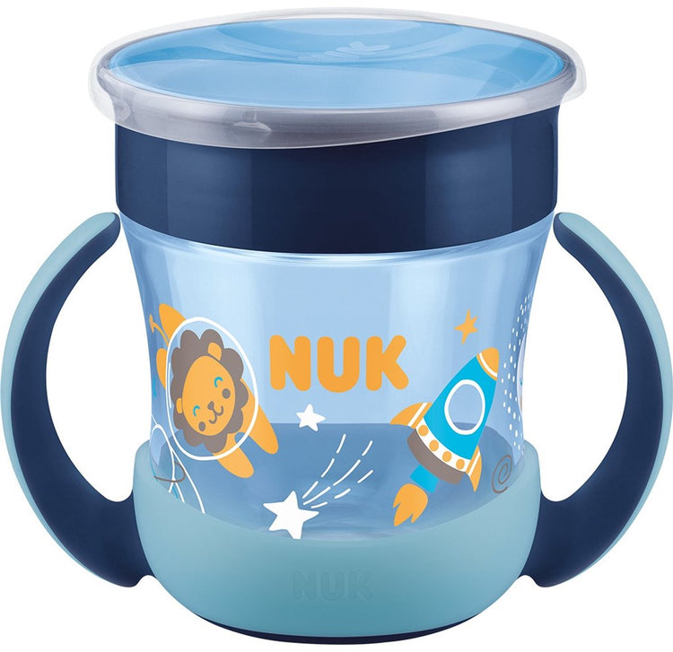 Nuk - gobelet pour bébé et tout-petit - mini gobelet magique 160 ml en plastique bleu silicone - gobelet - anti-éclaboussures - brille dans le noir - apprendre à boire - 360 degrés