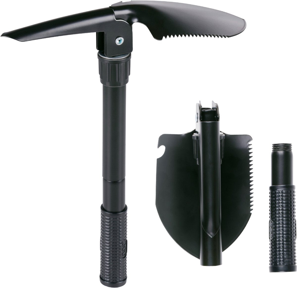 Pelle Camp active 4 en 1 - pelle pliante avec pioche et scie - pelle multi-outils pour le camping et la survie - pelle tactique avec ouvre-bouteille - noir