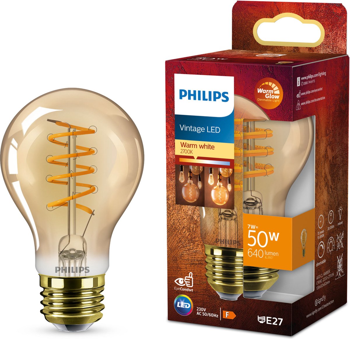 Philips led philips deco led - warmglow - 50w - culot e27 - forme de lampe standard a60 - lampe ambre