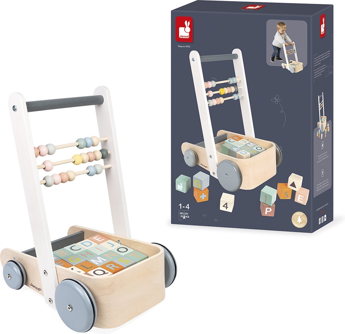 Janod - sweet cocoon - chariot d'activités push cart avec blocs ABC