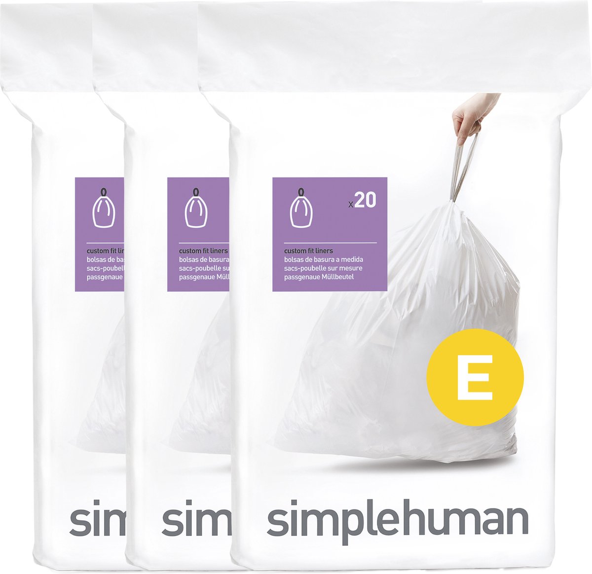 Sacs poubelle Simplehuman code e - 20 litres - 60 pièces - avec cordon de serrage - blanc