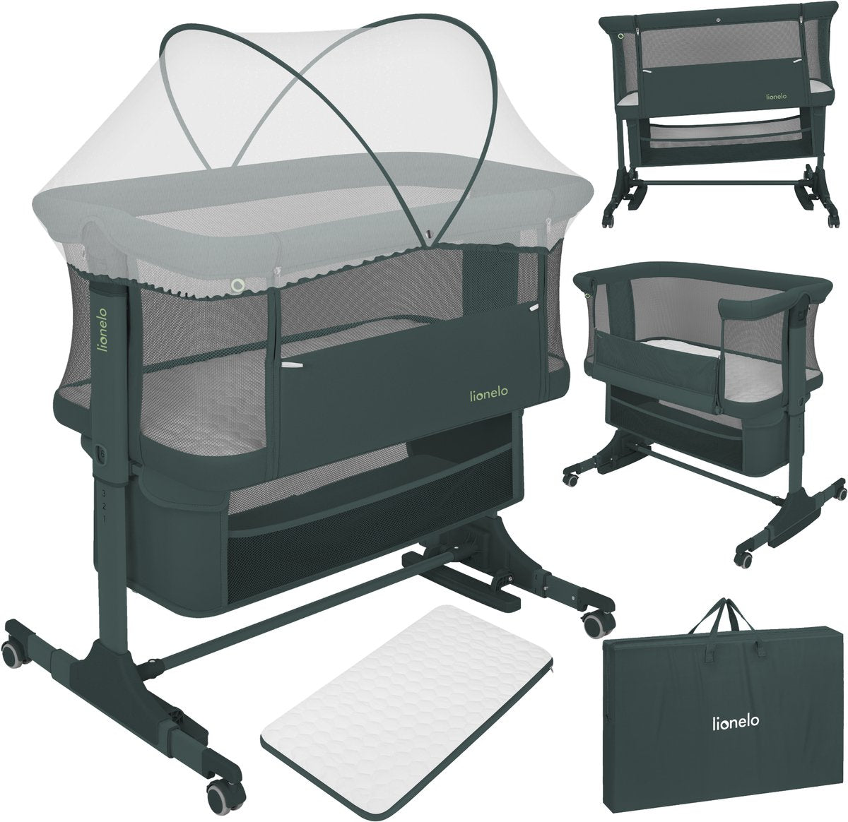 Lit bébé Lionelo Jodie 3en1 - lit d'appoint, lit autoportant, lit à bascule - cododo - 6 positions en hauteur - matelas T25 - côté rabattable - avec panier moustiquaire