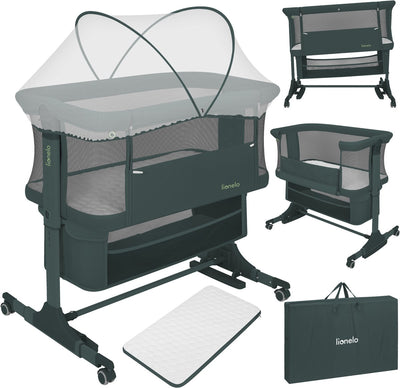 Lit bébé Lionelo Jodie 3en1 - lit d'appoint, lit autoportant, lit à bascule - cododo - 6 positions en hauteur - matelas T25 - côté rabattable - avec panier moustiquaire