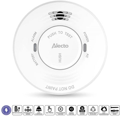Détecteur de fumée Alecto SDV10 - Détecteur d'incendie 230v sur secteur - avec batterie de secours - blanc