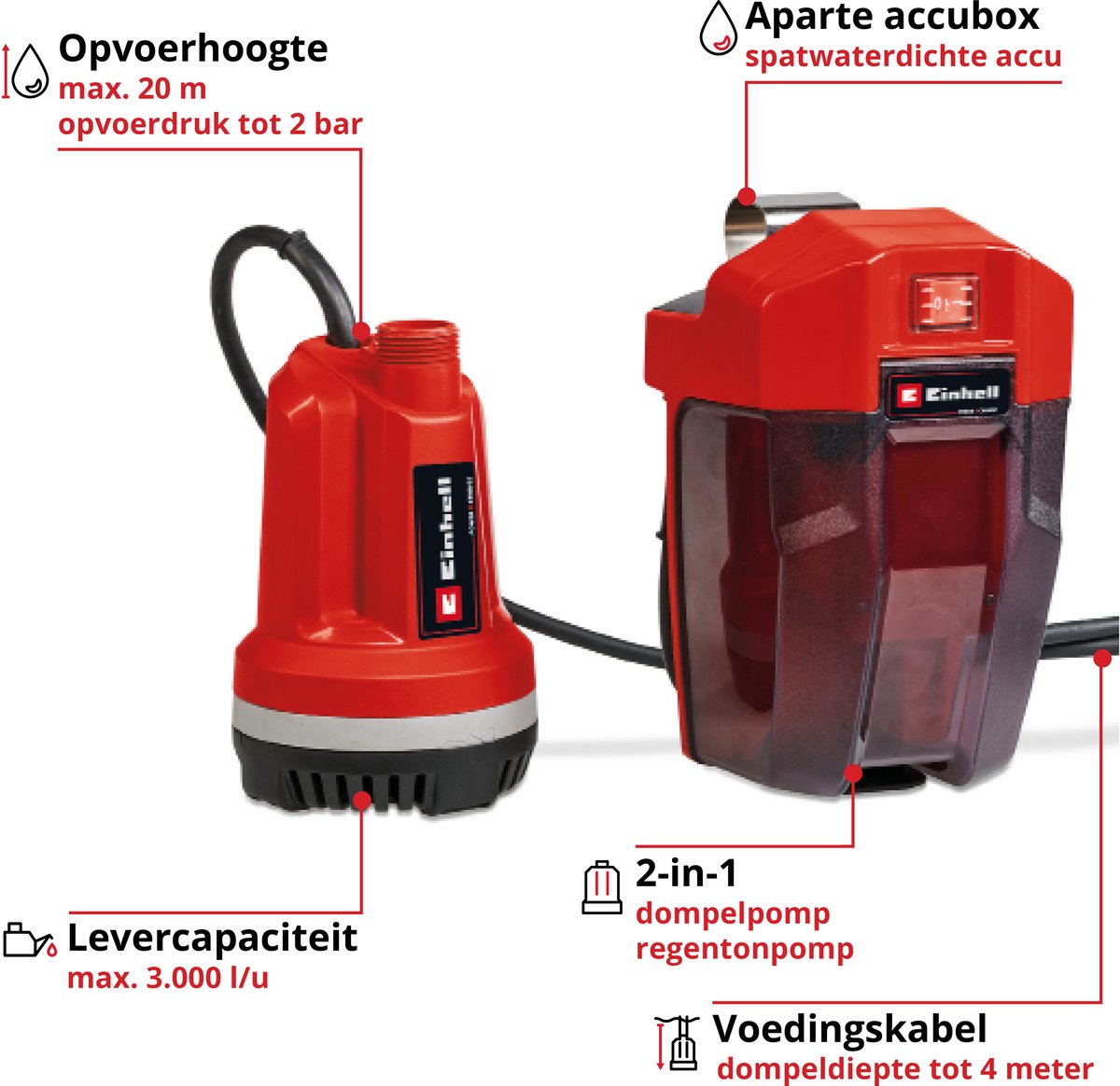 Pompe à baril de pluie à batterie Einhell - ge-pp 18 rb li solo - power x-change - 18 v li-ion - max. capacité de livraison : 3 000 l h - max. hauteur de tête : 20 m - max. profondeur d'immersion : 4 m - excl. batterie et chargeur