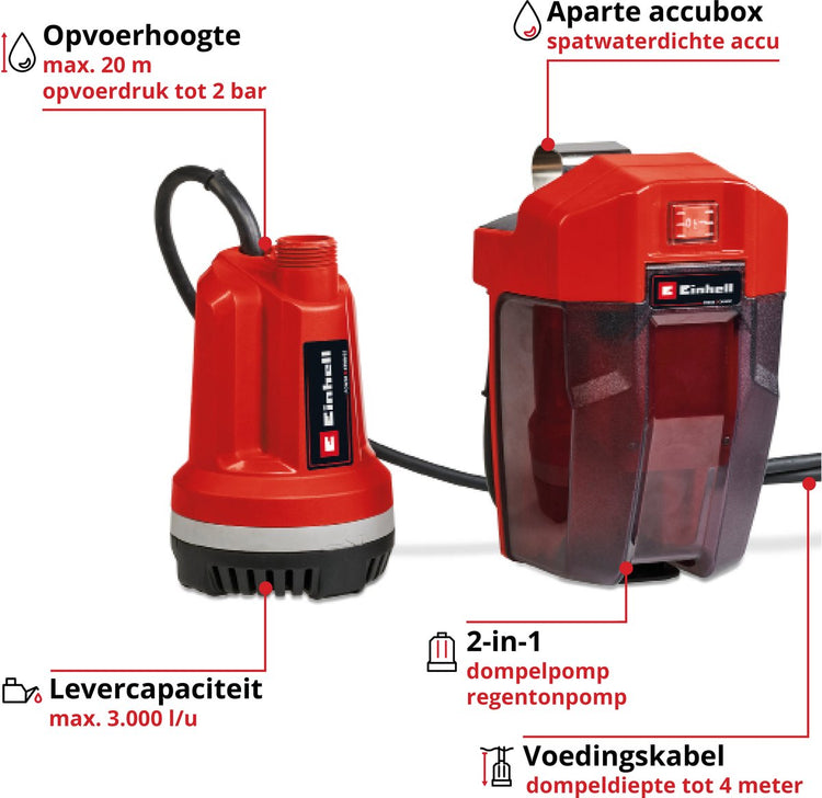 Pompe à baril de pluie à batterie Einhell - ge-pp 18 rb li solo - power x-change - 18 v li-ion - max. capacité de livraison : 3 000 l h - max. hauteur de tête : 20 m - max. profondeur d'immersion : 4 m - excl. batterie et chargeur