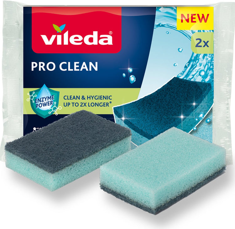 Vileda pro clean - éponge de nettoyage de cuisine - enzymes - haute chlorinabilité - 2 pièces