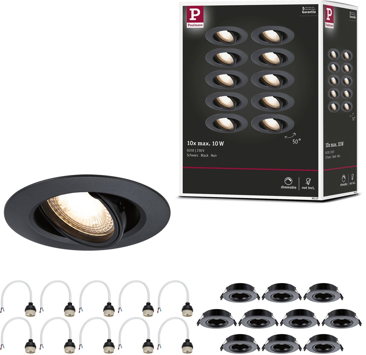Lampe encastrable Paulmann lot de 10 orientable ronde 90 mm 30° gu10 max. 10x10w 230v dimmable noir
