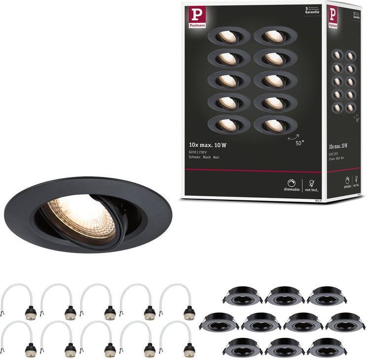 Lampe encastrable Paulmann lot de 10 orientable ronde 90 mm 30° gu10 max. 10x10w 230v dimmable noir
