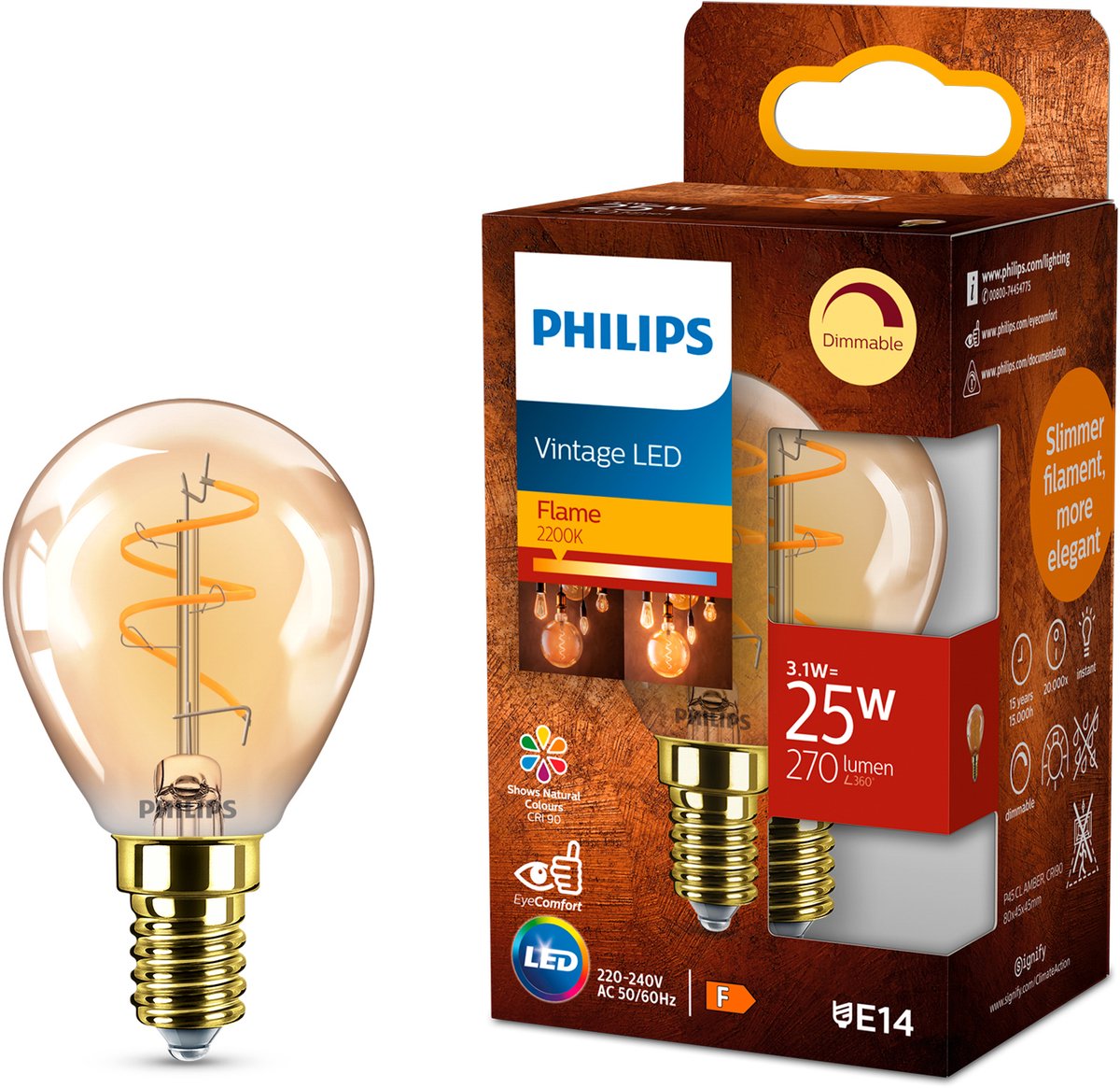 Lampe boule LED Philips spirale dorée - 25 w - E14 - lumière blanc très chaud dimmable