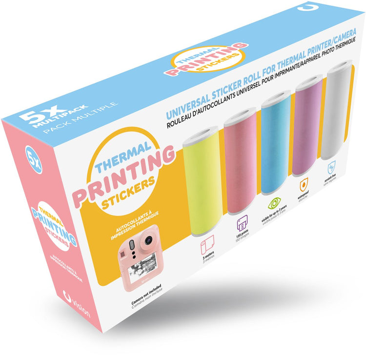 Vision products recharge universelle d'autocollants 5 rouleaux (57 x 30 mm) pour appareil photo pour enfants avec imprimante et imprimante de poche