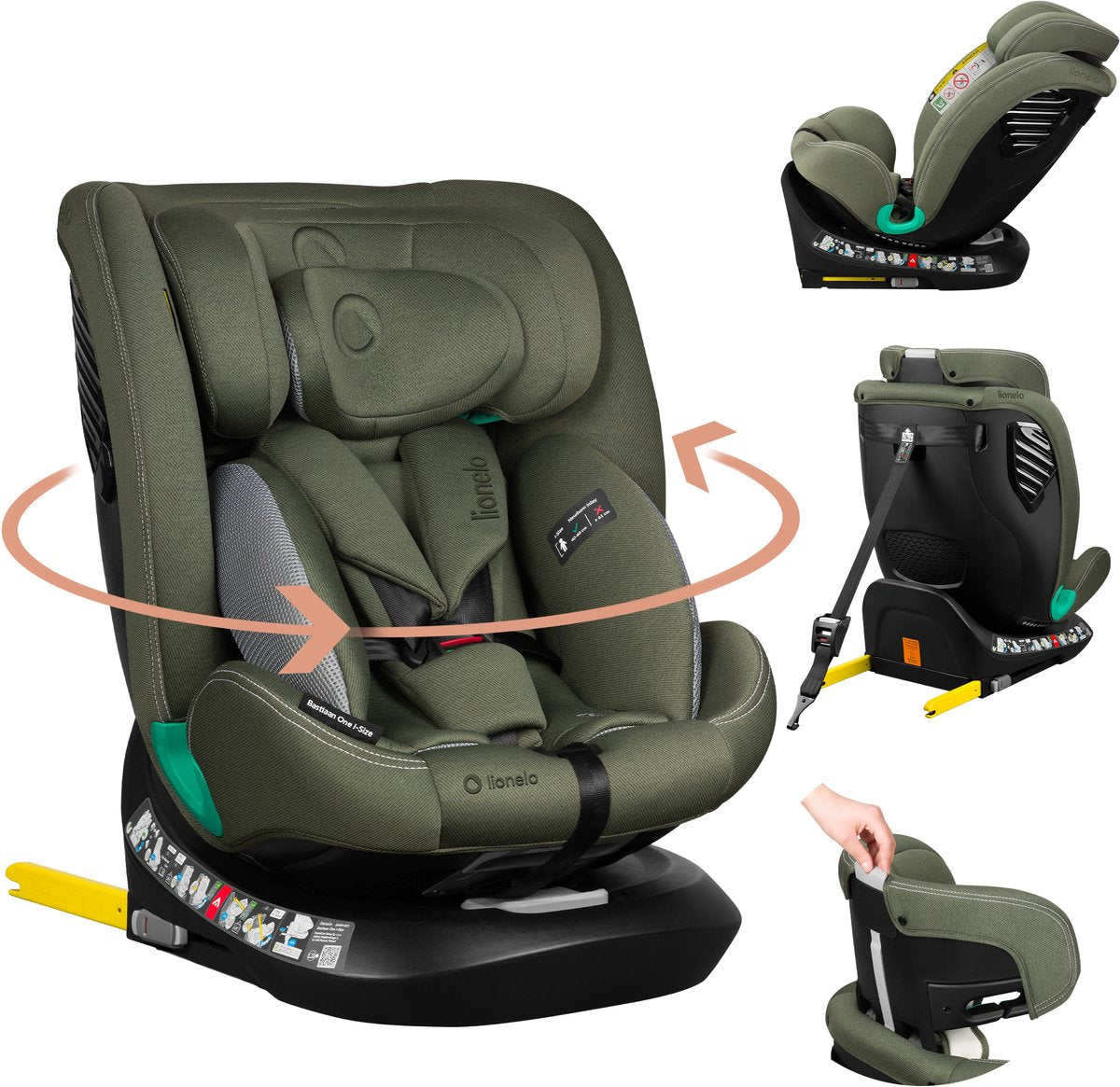 Siège auto Lionelo Bastiaan One i‑size – attache supérieure ISOFIX 4 en 1 – vers l'arrière – base pivotante à 360° – appui-tête réglable en mousse à mémoire de forme – 40–150 cm – utilisation longue durée haut niveau de sécurité